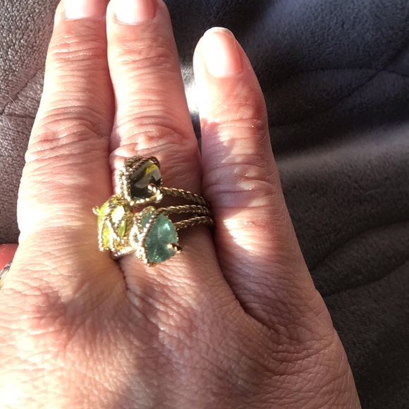 Three stone peridot, Smokey quarts, and aquamarine size 7 ring - Picture 3 of 8